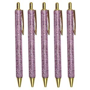 🟢 5️⃣ Pack Bling Rhinestone Pink Ballpoint Pens with Case